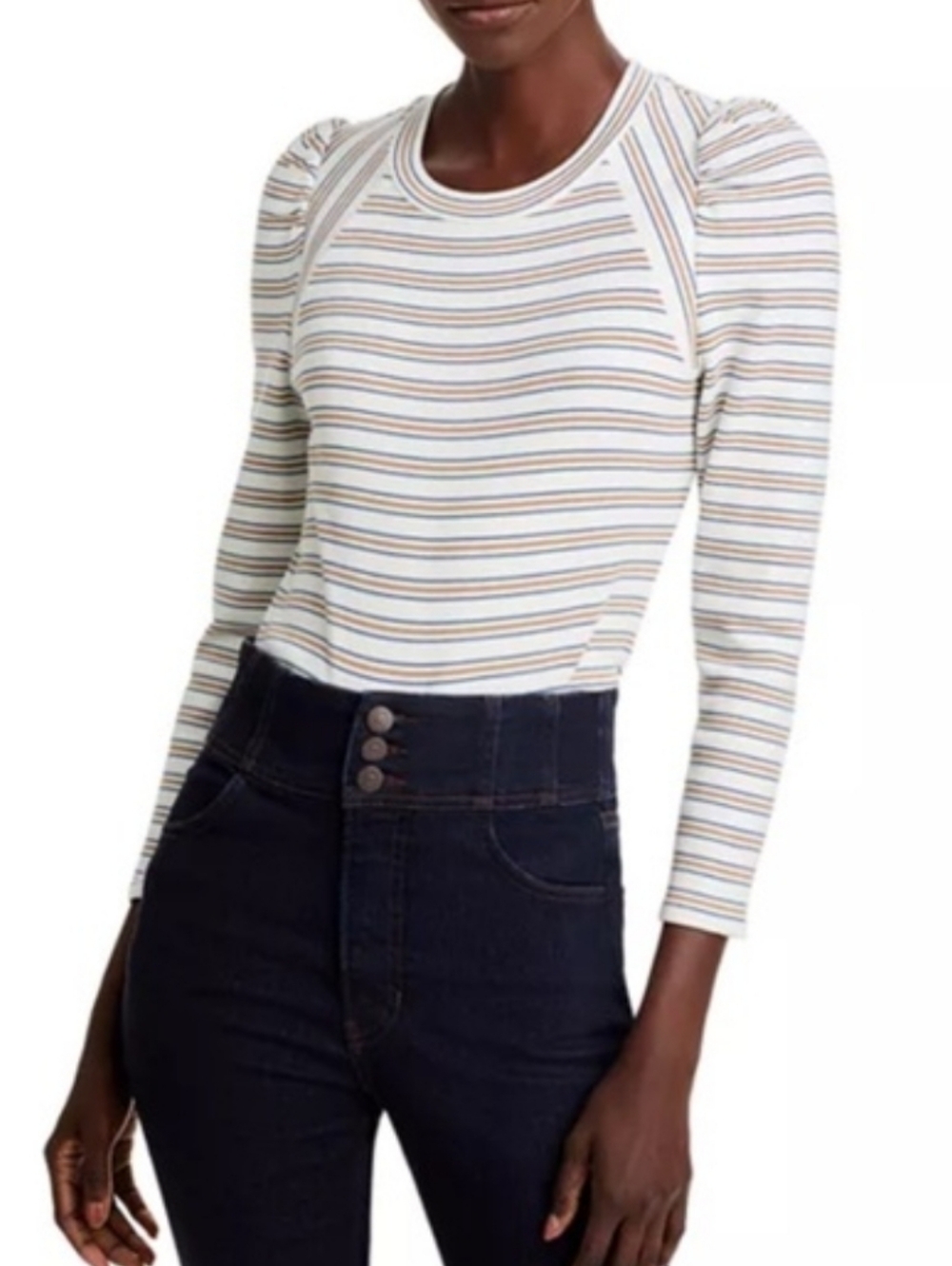 Veronica Beard Striped Puff-Sleeve Crewneck 3/4 Sleeve Top